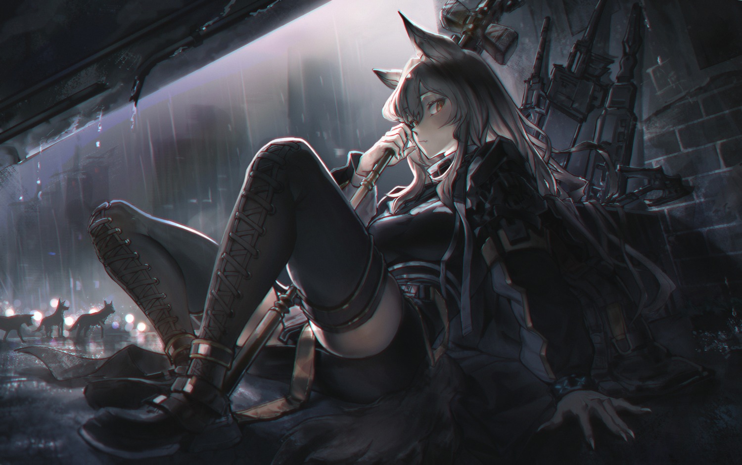 animal_ears arknights ceobe_(arknights) gaanc_23_(tomosuge) tail thighhighs weapon