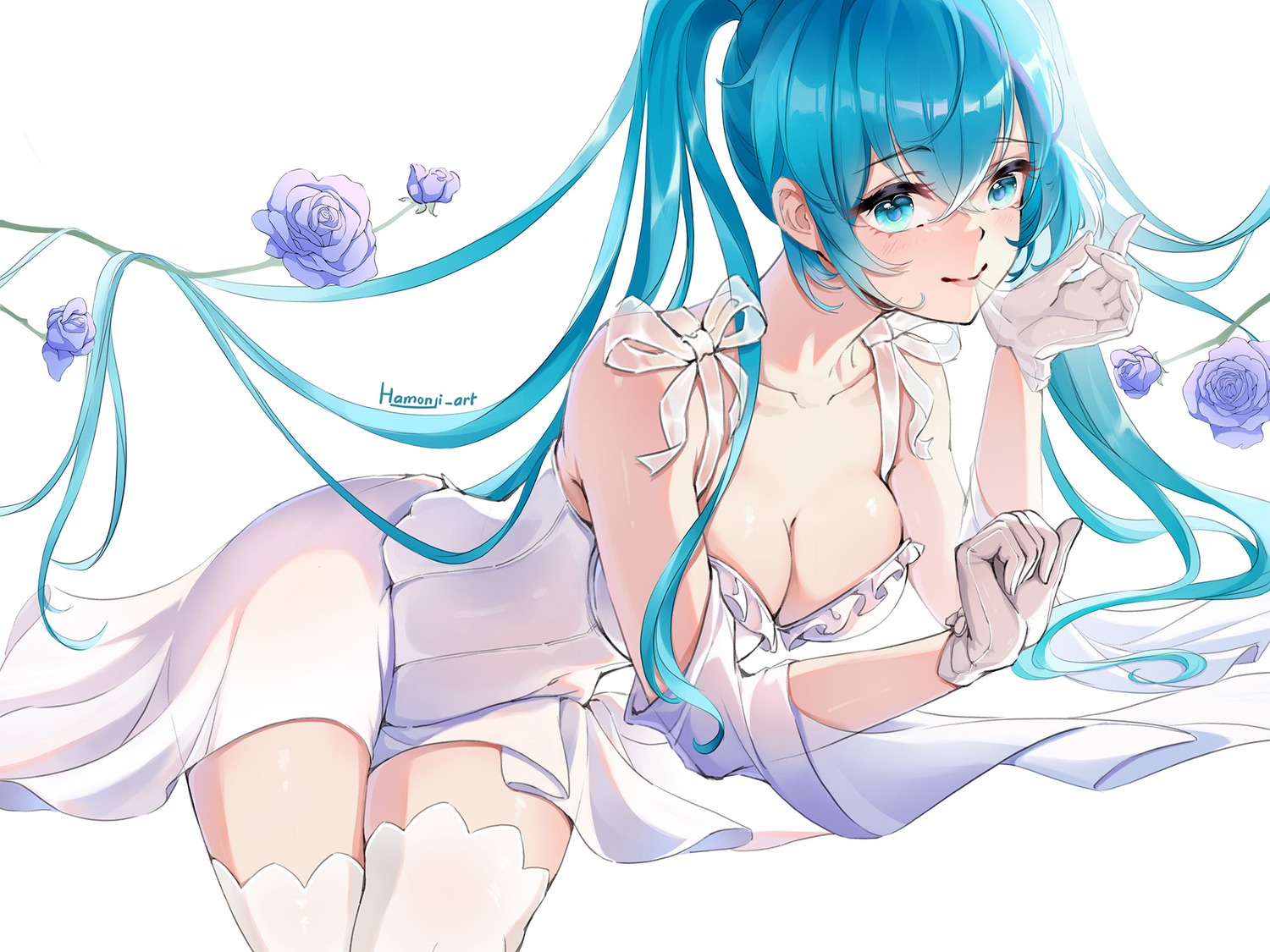 dress hamonji hatsune_miku no_bra thighhighs vocaloid