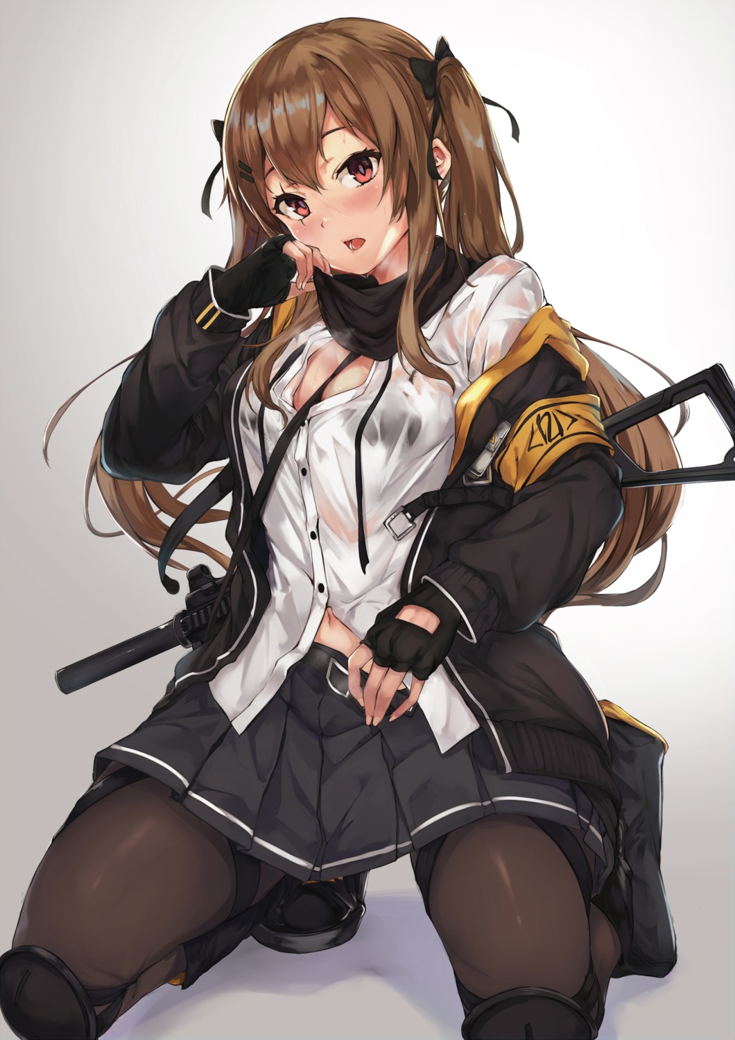 aramaki_echizen bra cleavage girls_frontline gun open_shirt pantyhose see_through ump9_(girls_frontline)