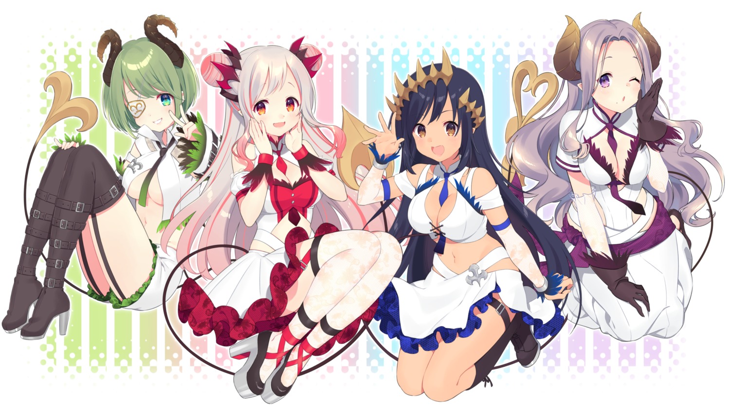 cleavage dress eyepatch heels honey_strap horns nagino_shizuku nanashi_inc. saionji_mary sekishiro_mico shimamura_charlotte suou_patra tail wallpaper