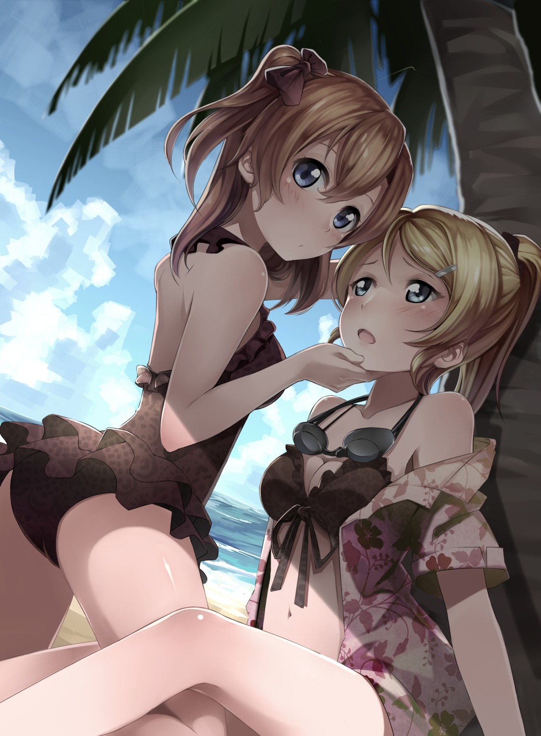 (╯°Д°)╯︵┻━┻ ass ayase_eli bikini cleavage duplicate kousaka_honoka love_live! swimsuits yuri