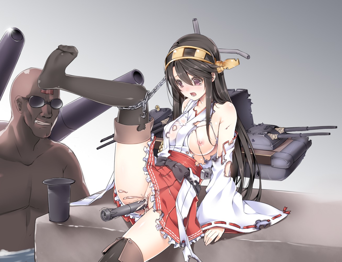 breasts cum haruna_(kancolle) kantai_collection kuronell nipples pussy pussy_juice thighhighs torn_clothes uncensored vibrator
