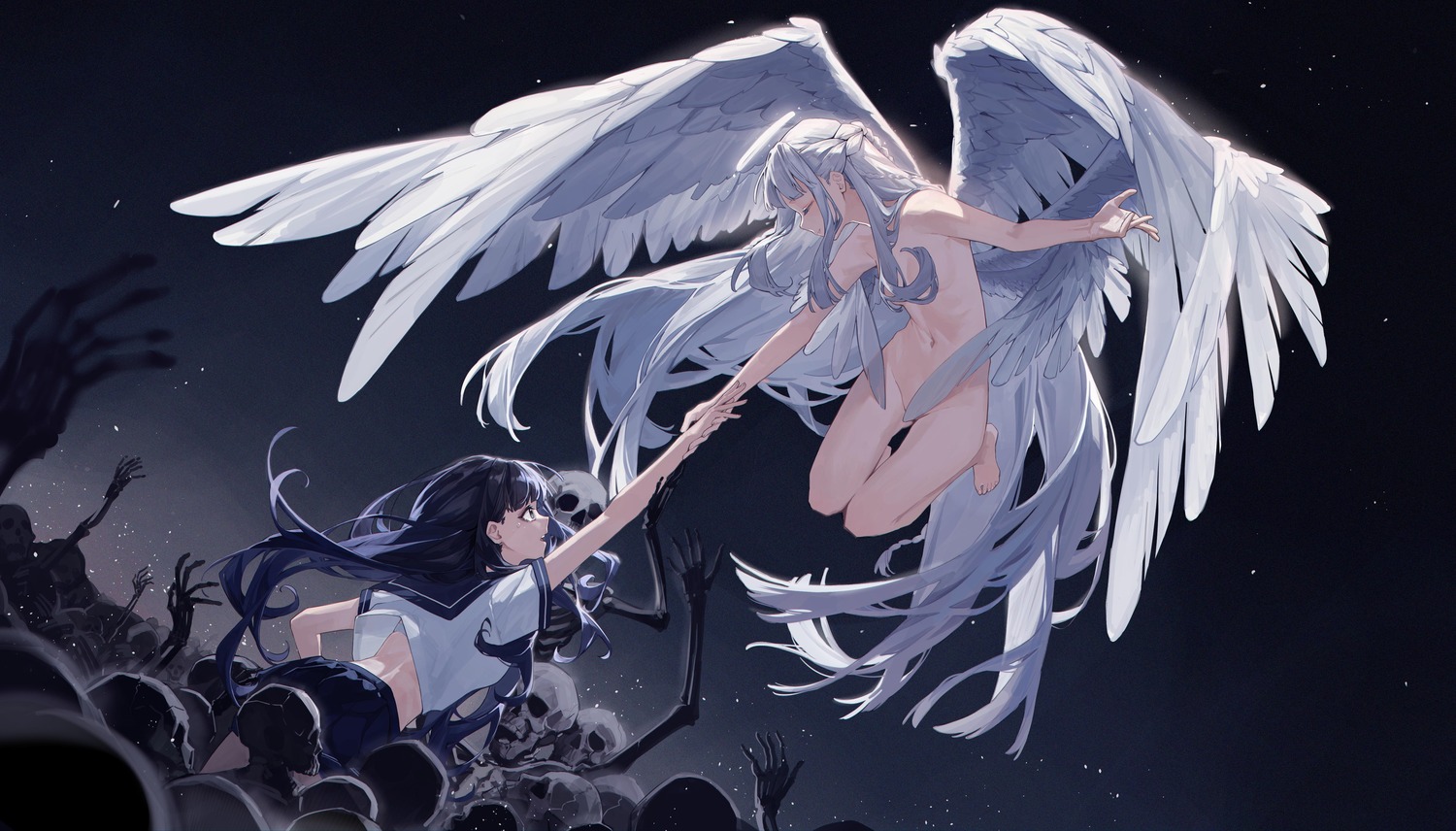 angel bra jpeg_artifacts naked seifuku shijiuqaq shirt_lift wings