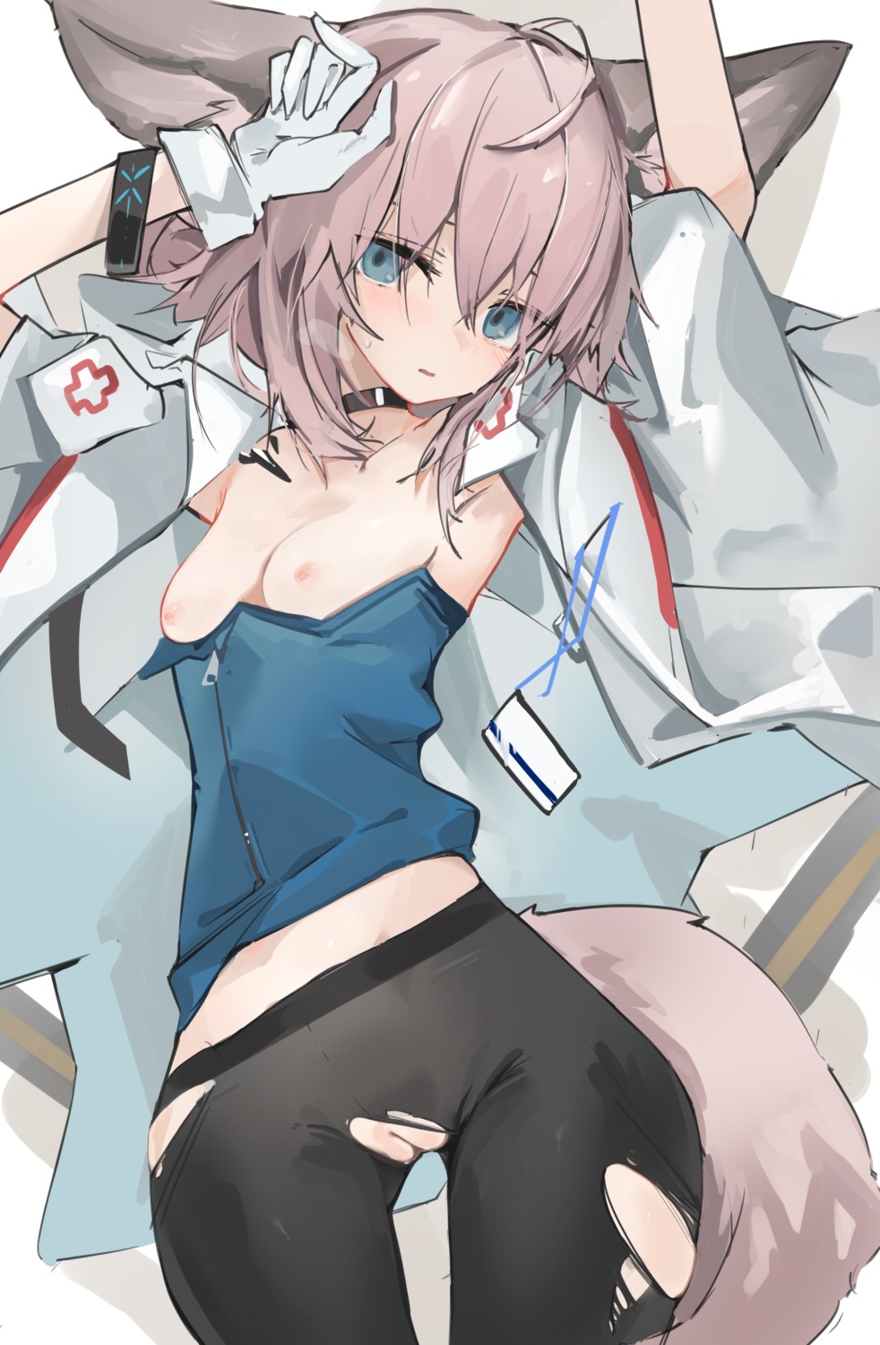 animal_ears arknights breasts mikojin nipples no_bra nopan pussy sketch sussurro_(arknights) tail torn_clothes