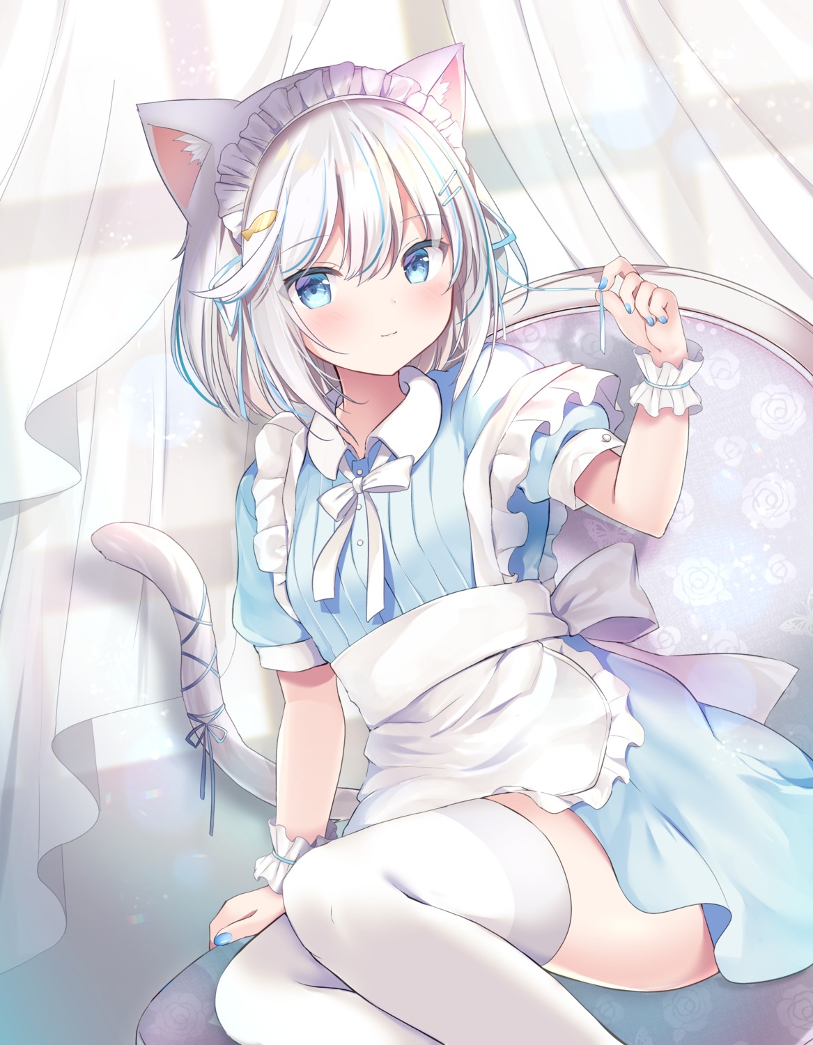 animal_ears maid nekomimi skirt_lift tail thighhighs yuimisu