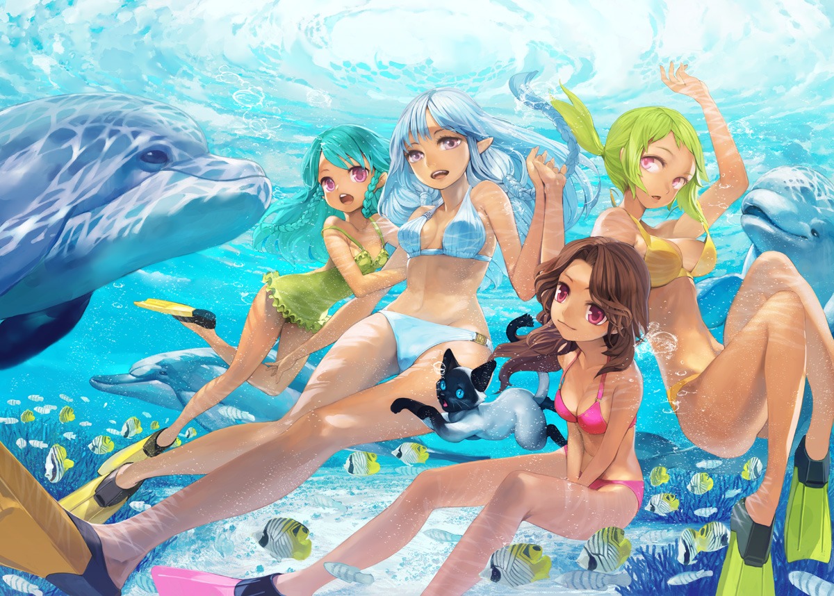 bikini cleavage elf espoir neko pointy_ears swimsuits wardrobe_malfunction