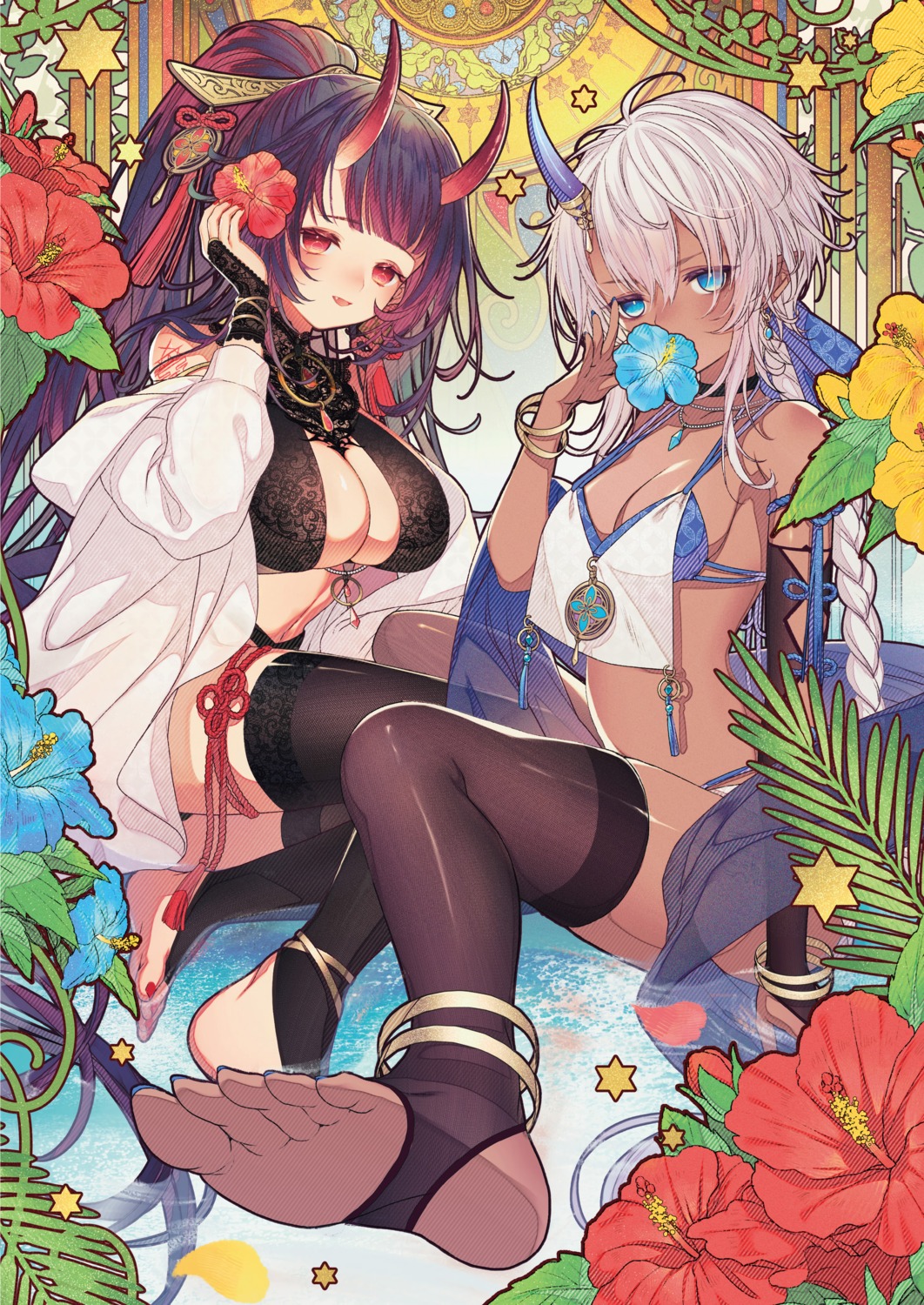 feet horns japanese_clothes no_bra sword tagme thighhighs