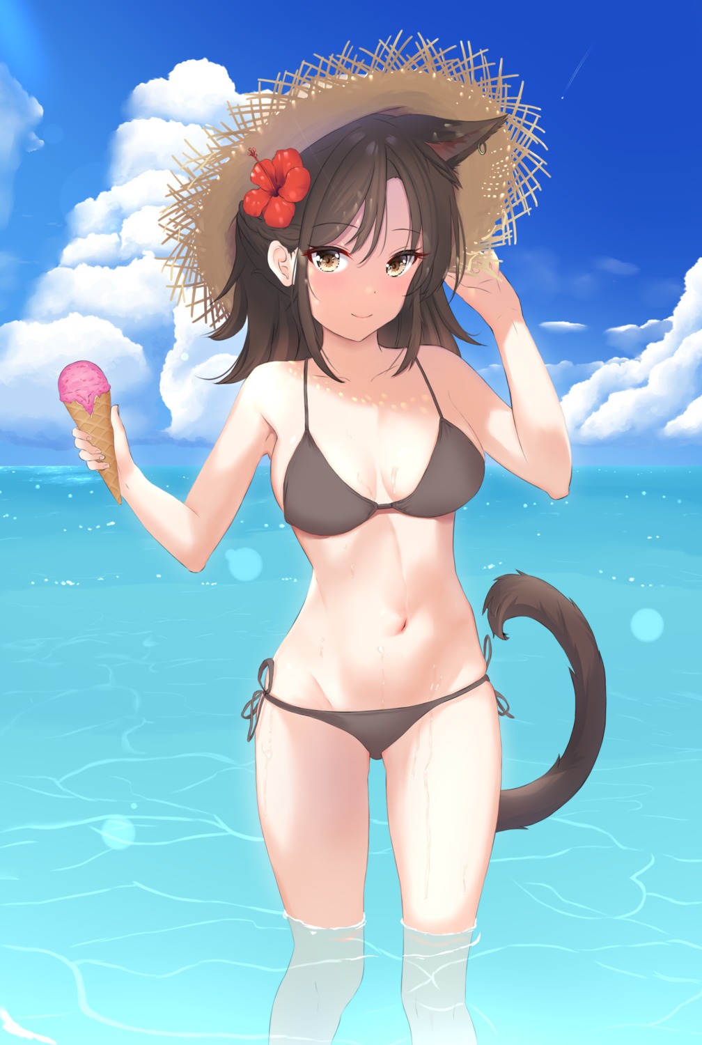 alan_(acealan5) animal_ears arknights bikini nekomimi skyfire_(arknights) swimsuits tail wet