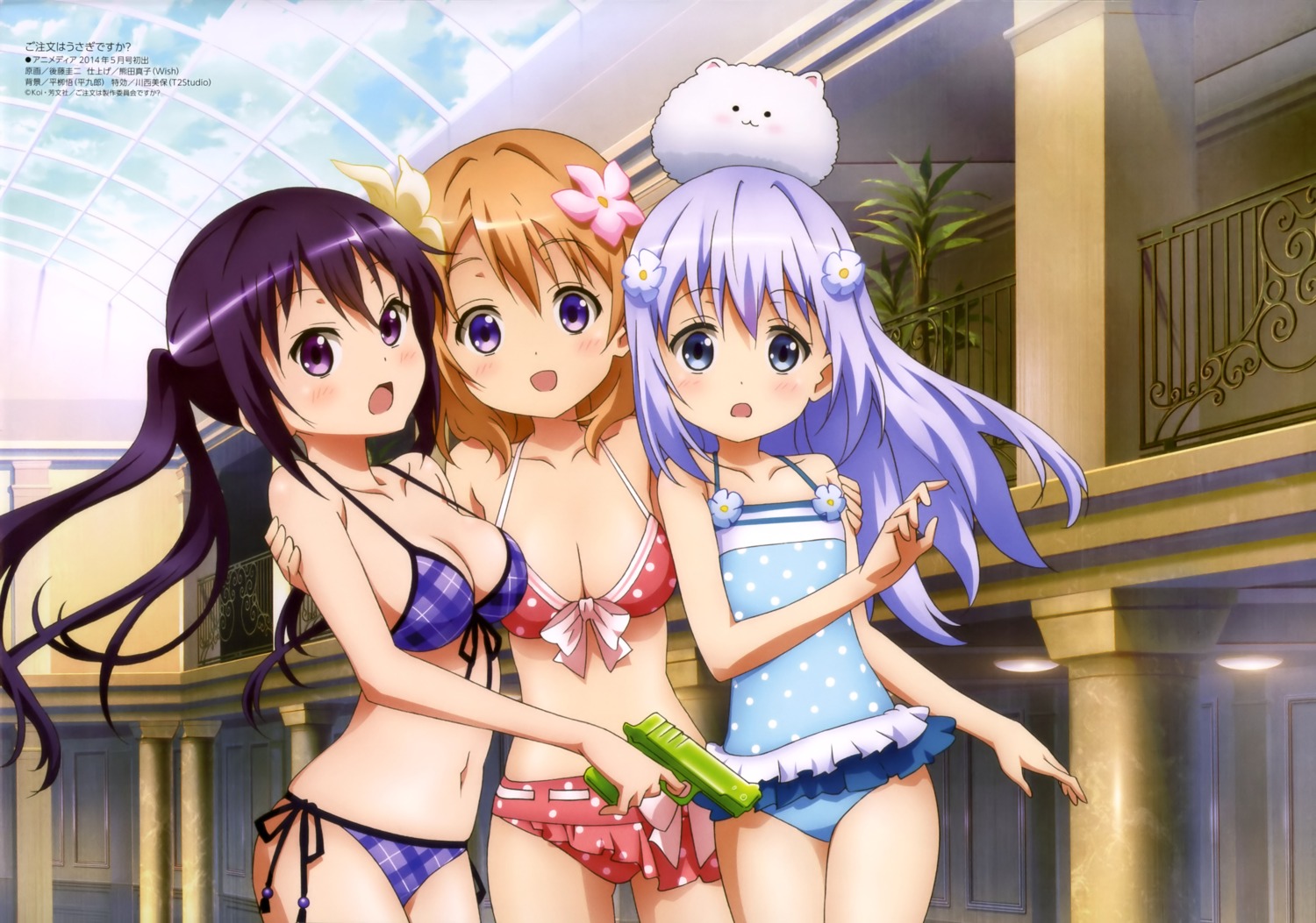 bikini cleavage gochuumon_wa_usagi_desu_ka? gotou_keiji gun hoto_cocoa kafuu_chino swimsuits tedeza_rize tippy_(gochiusa)