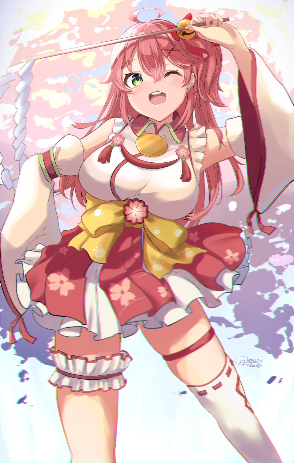 garter hololive japanese_clothes sakura_miko skirt_lift tagme thighhighs