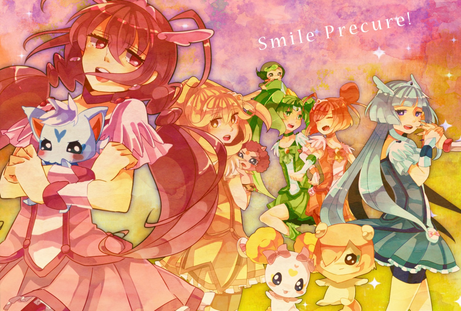 akaoni aoki_reika bike_shorts candy_(smile_precure) hino_akane hoshizora_miyuki joker_(precure) kinomiya_machi kise_yayoi majorina midorikawa_nao pop_(precure) pretty_cure smile_precure! wolfurun