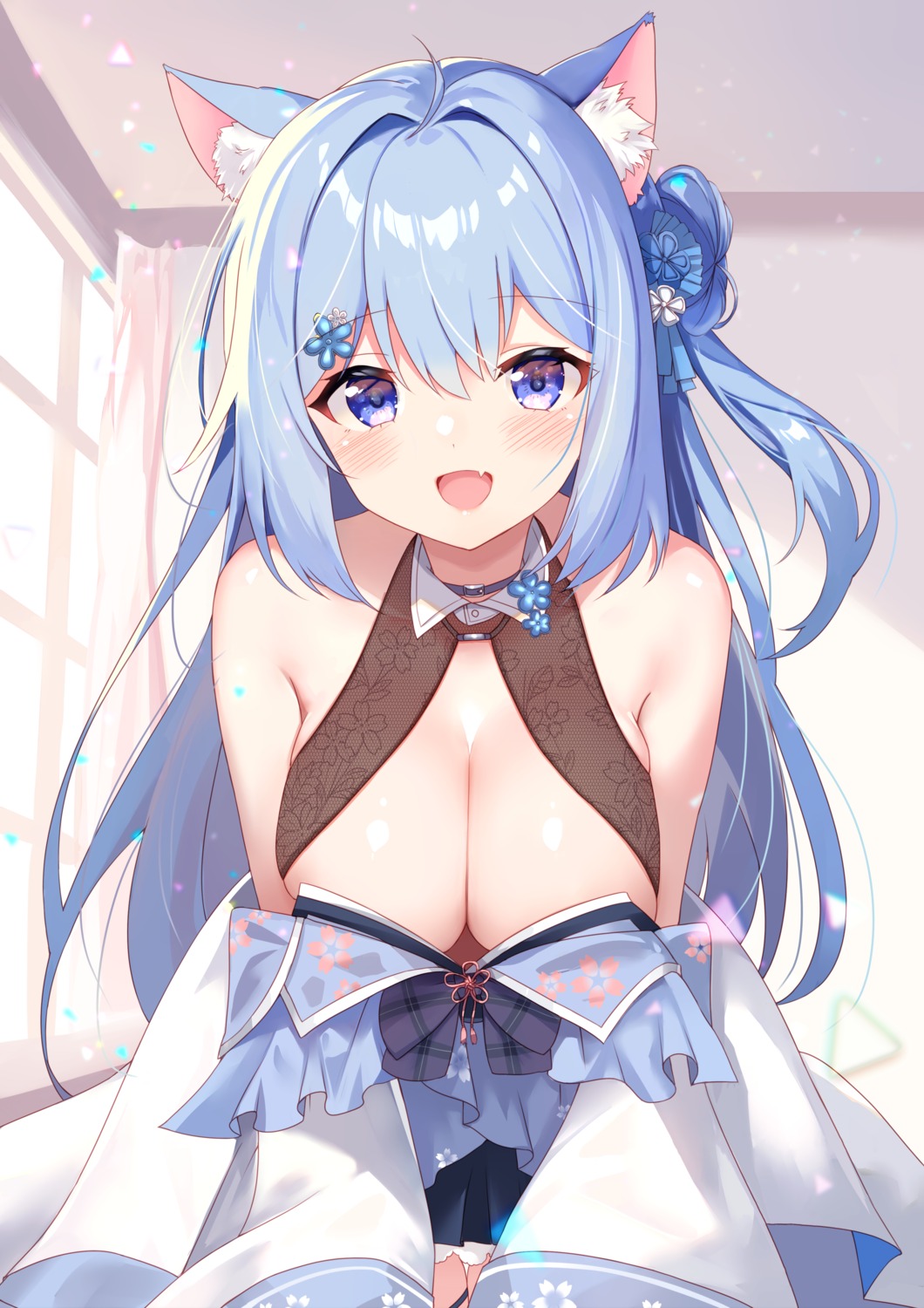 animal_ears detexted garter japanese_clothes kakerayuri nanase_nagi nekomimi no_bra open_shirt