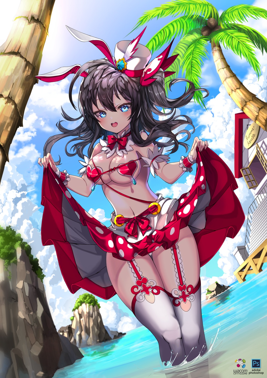 animal_ears bikini_top bunny_ears kinos_(kw00789) skirt_lift stockings swimsuits thighhighs wet