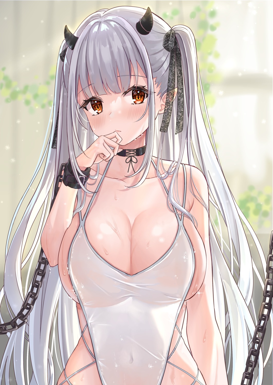 bondage hayashi_takeo horns pointy_ears see_through swimsuits wet