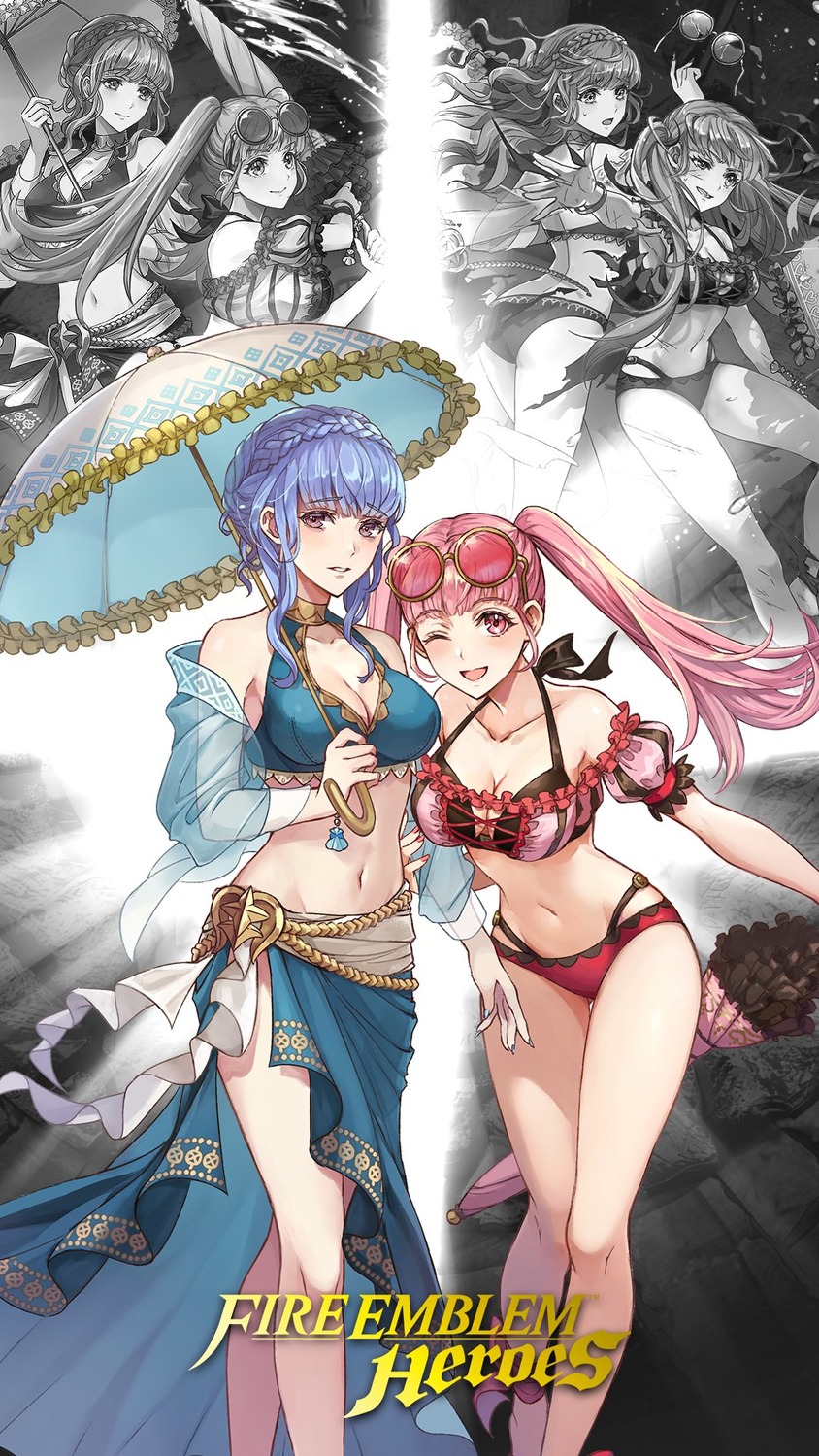 bikini cleavage fire_emblem fire_emblem_three_houses hilda_valentine_goneril marianne_von_edmund megane niji_hayashi nintendo see_through swimsuits torn_clothes umbrella