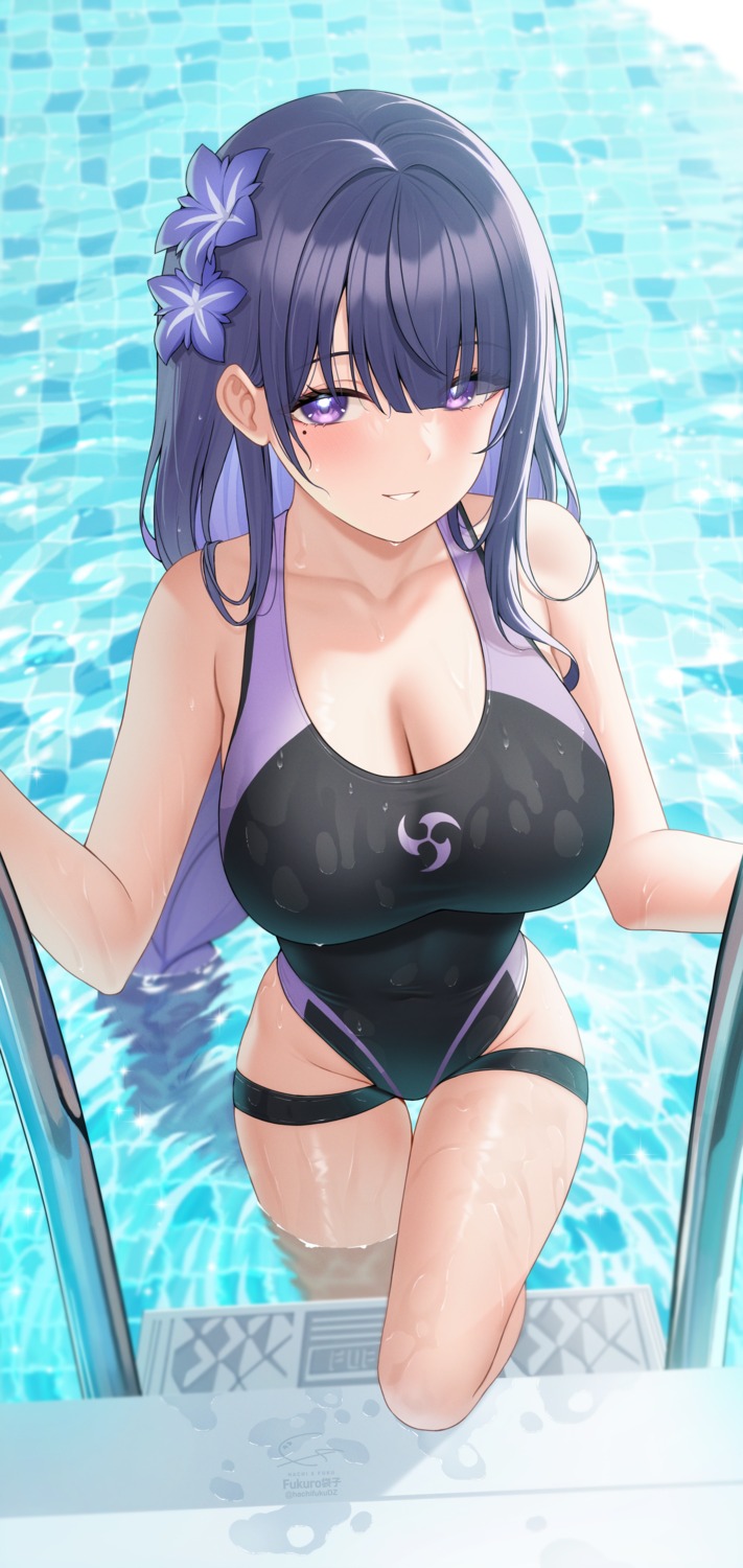 cleavage fukuro_ko_(greentea) garter genshin_impact raiden_shogun swimsuits wet