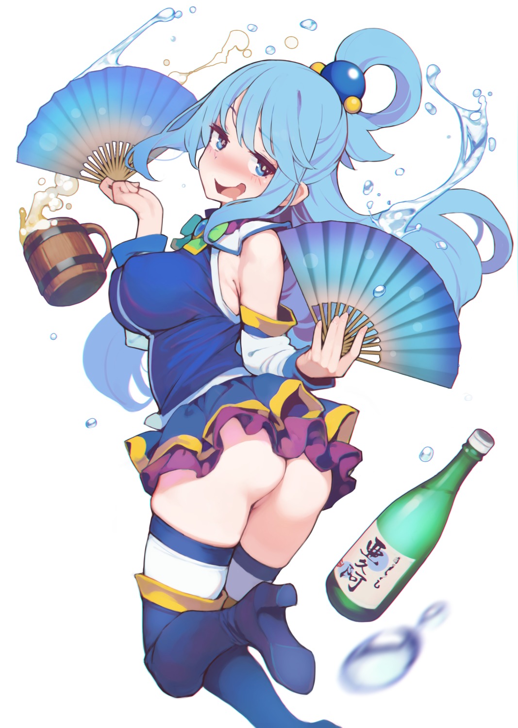 aqua_(konosuba) ass ataruman erect_nipples heels kono_subarashii_sekai_ni_shukufuku_wo! nopan sake skirt_lift thighhighs