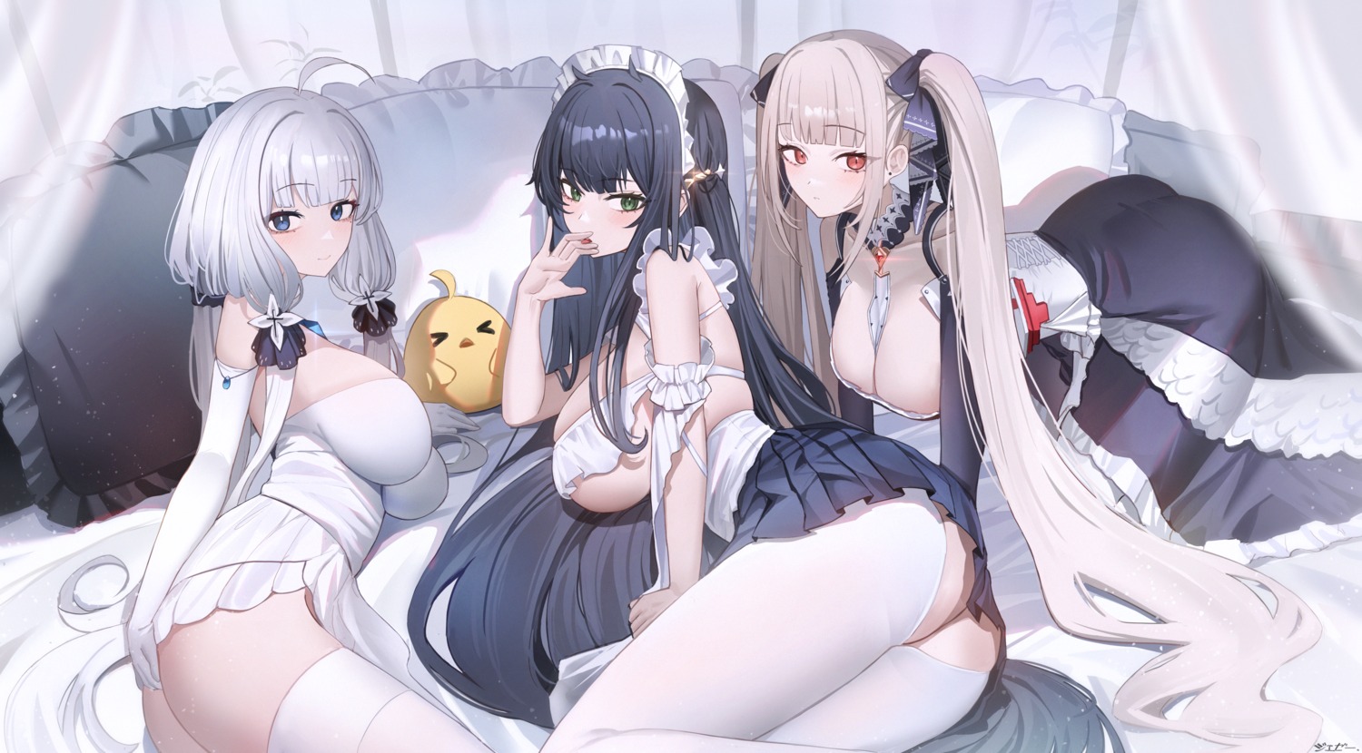 azur_lane dress formidable_(azur_lane) gothic_lolita illustrious_(azur_lane) indomitable_(azur_lane) jeze lolita_fashion maid manjuu_(azur_lane) no_bra pantyhose thighhighs