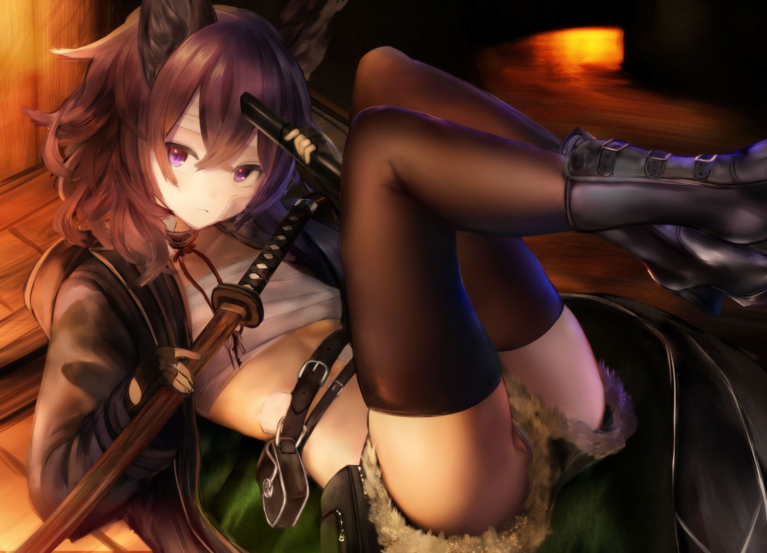 animal_ears bandages erect_nipples heels kekekejima nopan open_shirt sarashi sword thighhighs underboob