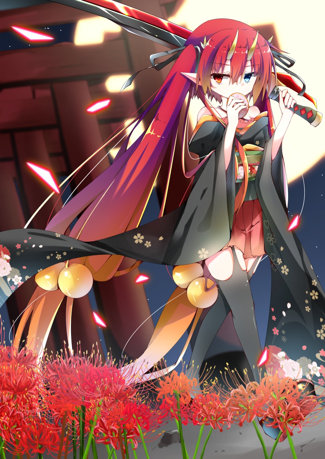 heterochromia horns japanese_clothes pointy_ears red_(id3283372) stockings sword thighhighs