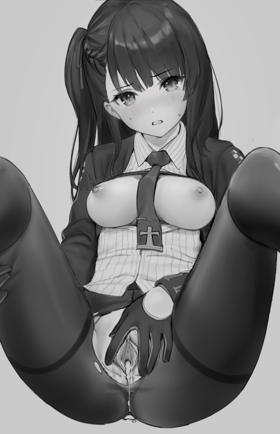 anouetto breasts cum girls_frontline monochrome nipples no_bra nopan open_shirt pussy torn_clothes uncensored uniform wa2000_(girls_frontline)
