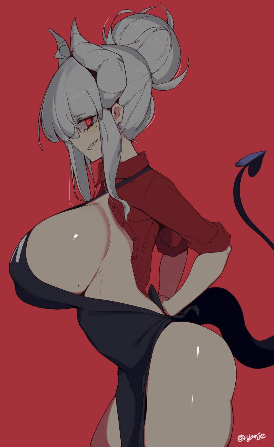 dress_shirt helltaker horns lucifer_(helltaker) naked_apron no_bra nopan open_shirt tail yanje