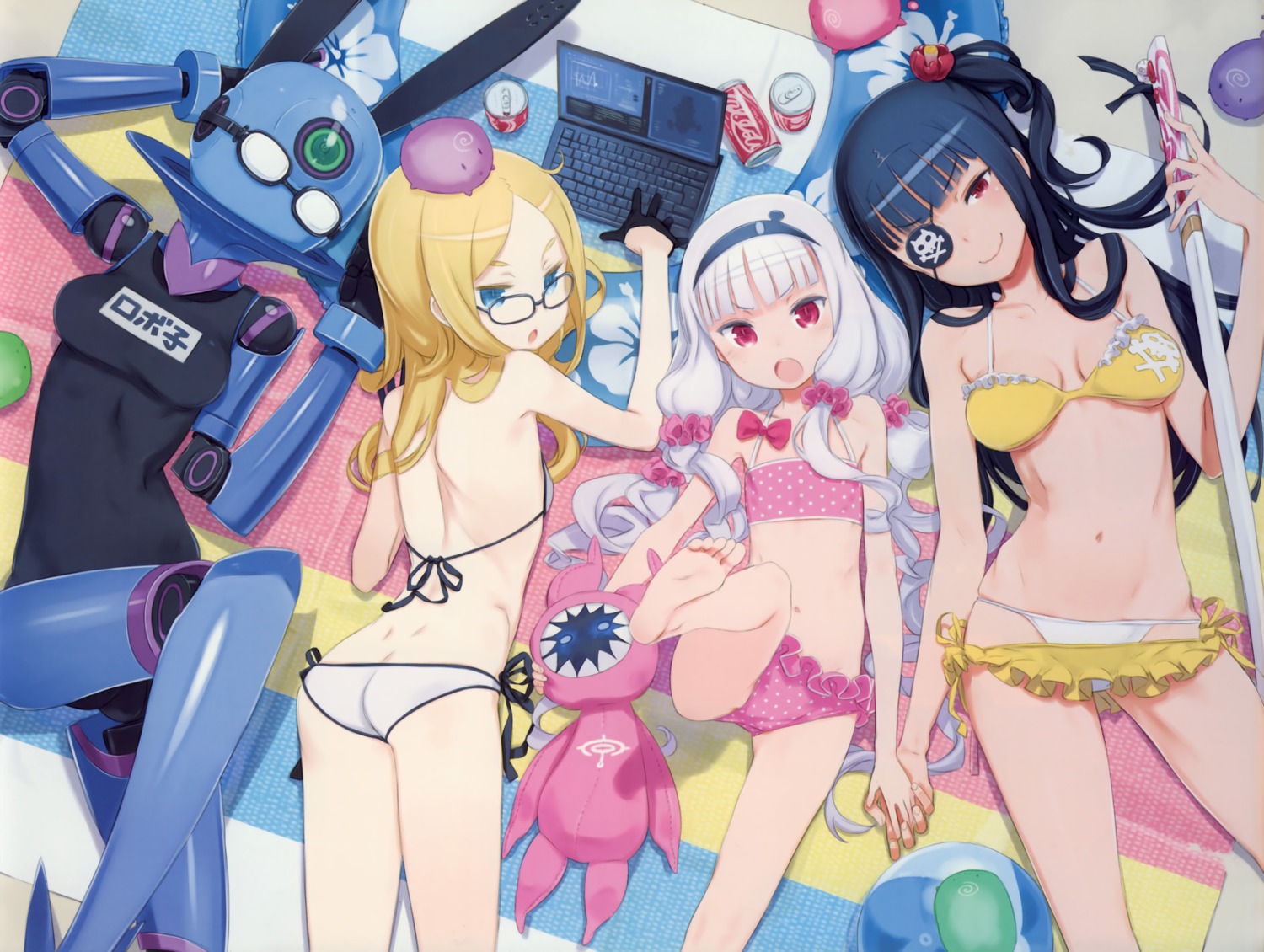 animal_ears ass bikini bunny_ears cleavage eyepatch feet hoshimiya_kate kuroboshi_kouhaku megane natasha roboko school_swimsuit sekai_seifuku:_bouryaku_no_zvezda shikabane_itsuka swimsuits sword