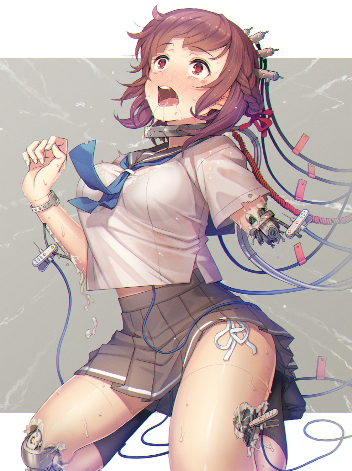 itou_(onsoku_tassha) mecha_musume see_through seifuku skirt_lift torn_clothes