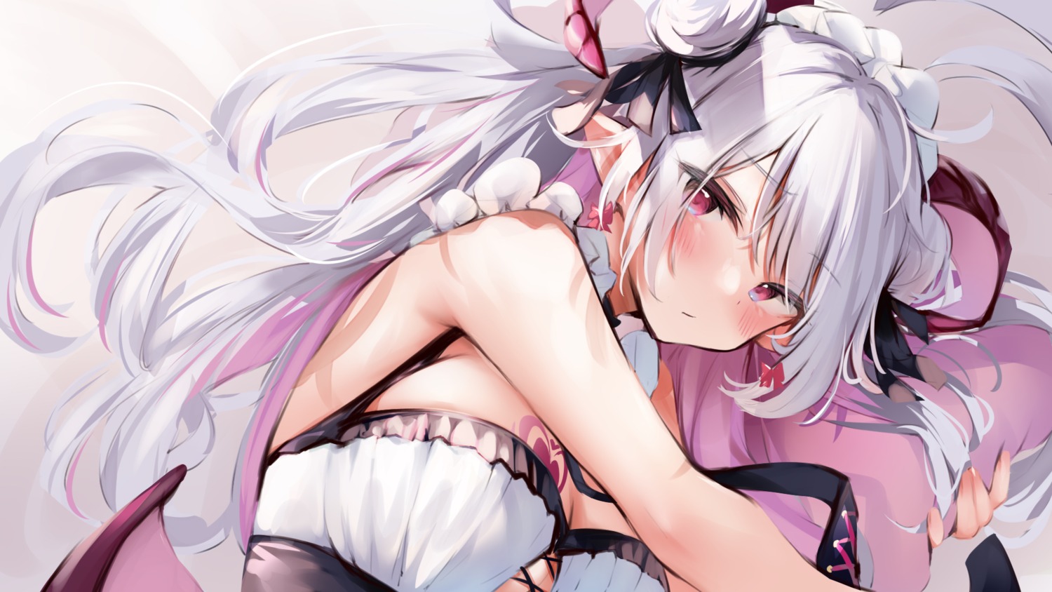 devil horns maid nekomugiharu no_bra pointy_ears tattoo wallpaper wings