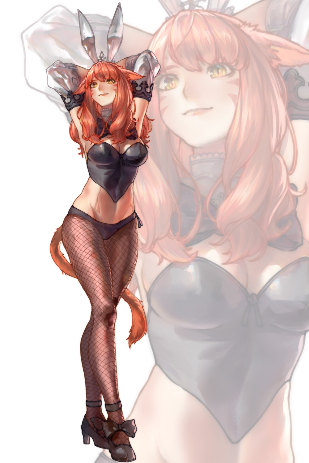 animal_ears bunny_ears final_fantasy final_fantasy_xiv fishnets heels miqo'te nekomimi pantyhose seneka_grafika tail