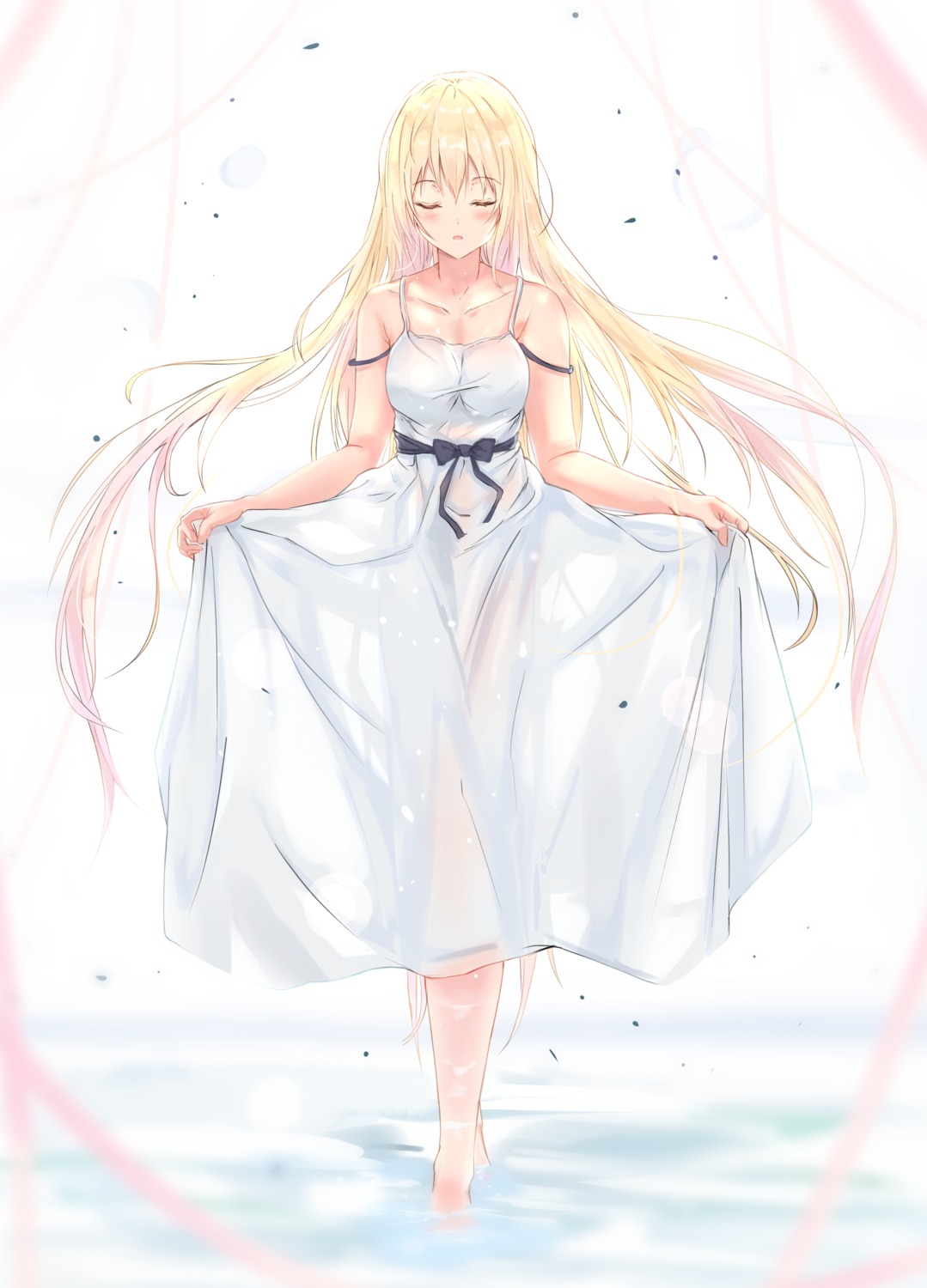 cleavage dress na_kyo see_through skirt_lift summer_dress wet