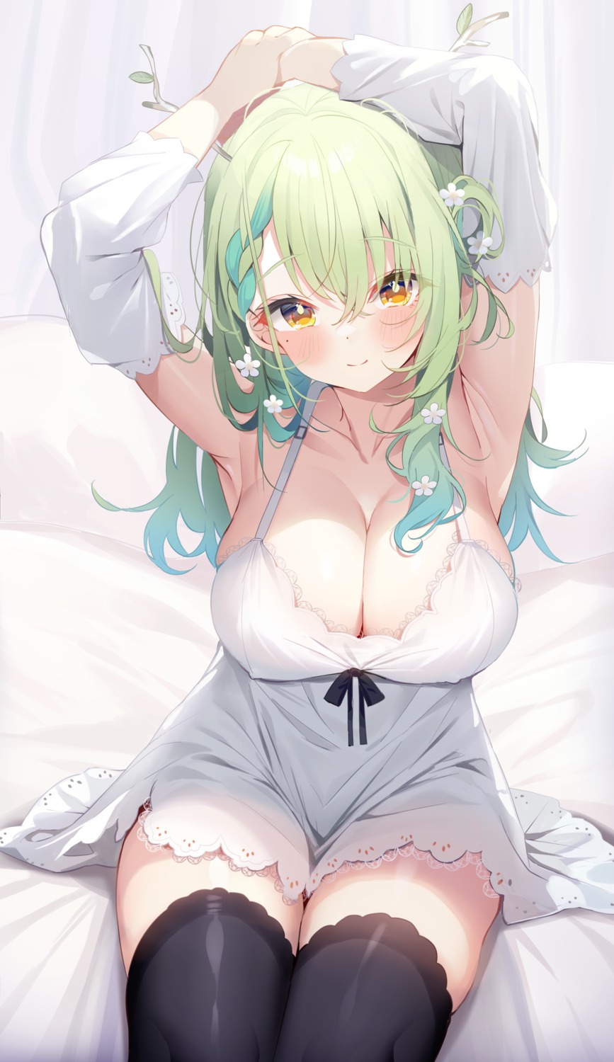 ceres_fauna deyui erect_nipples hololive hololive_english horns lingerie thighhighs
