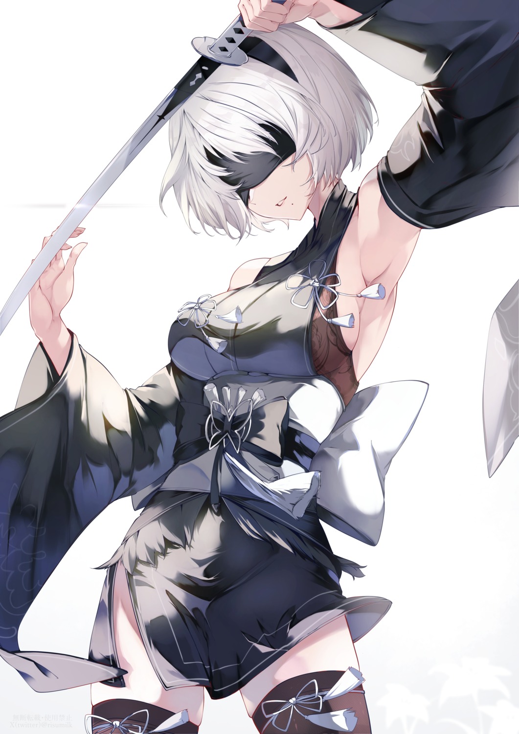 bra japanese_clothes nier_automata risumi_(taka-fallcherryblossom) sword thighhighs yorha_no.2_type_b