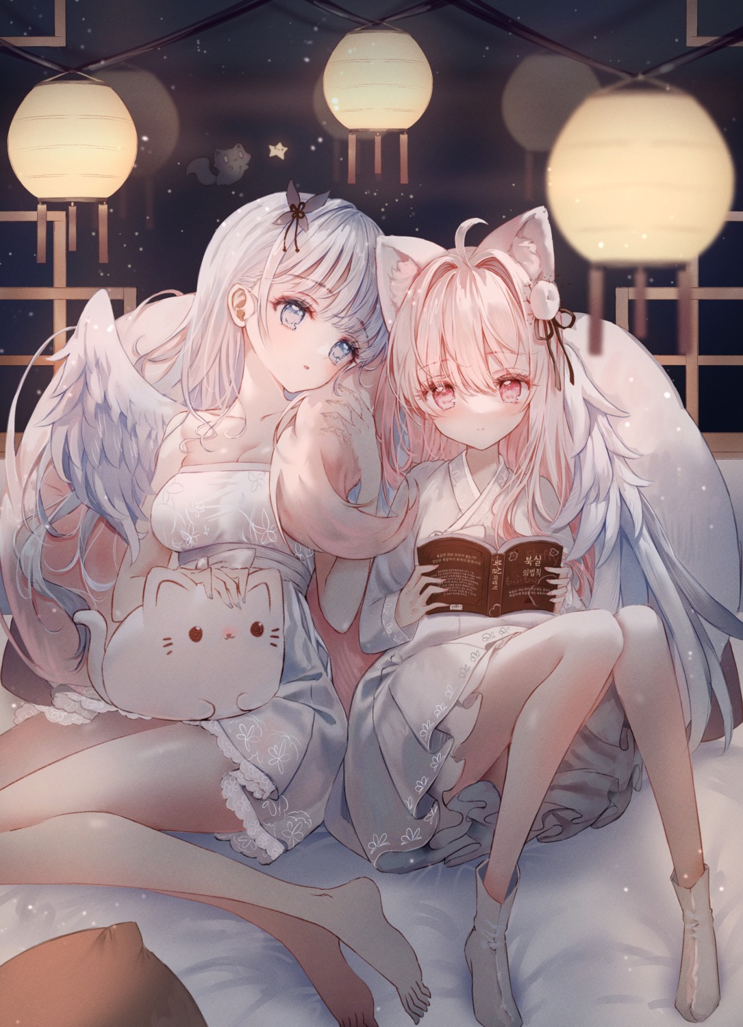 angel animal_ears asian_clothes cleavage dress kitsune no_bra skirt_lift tail tandohark