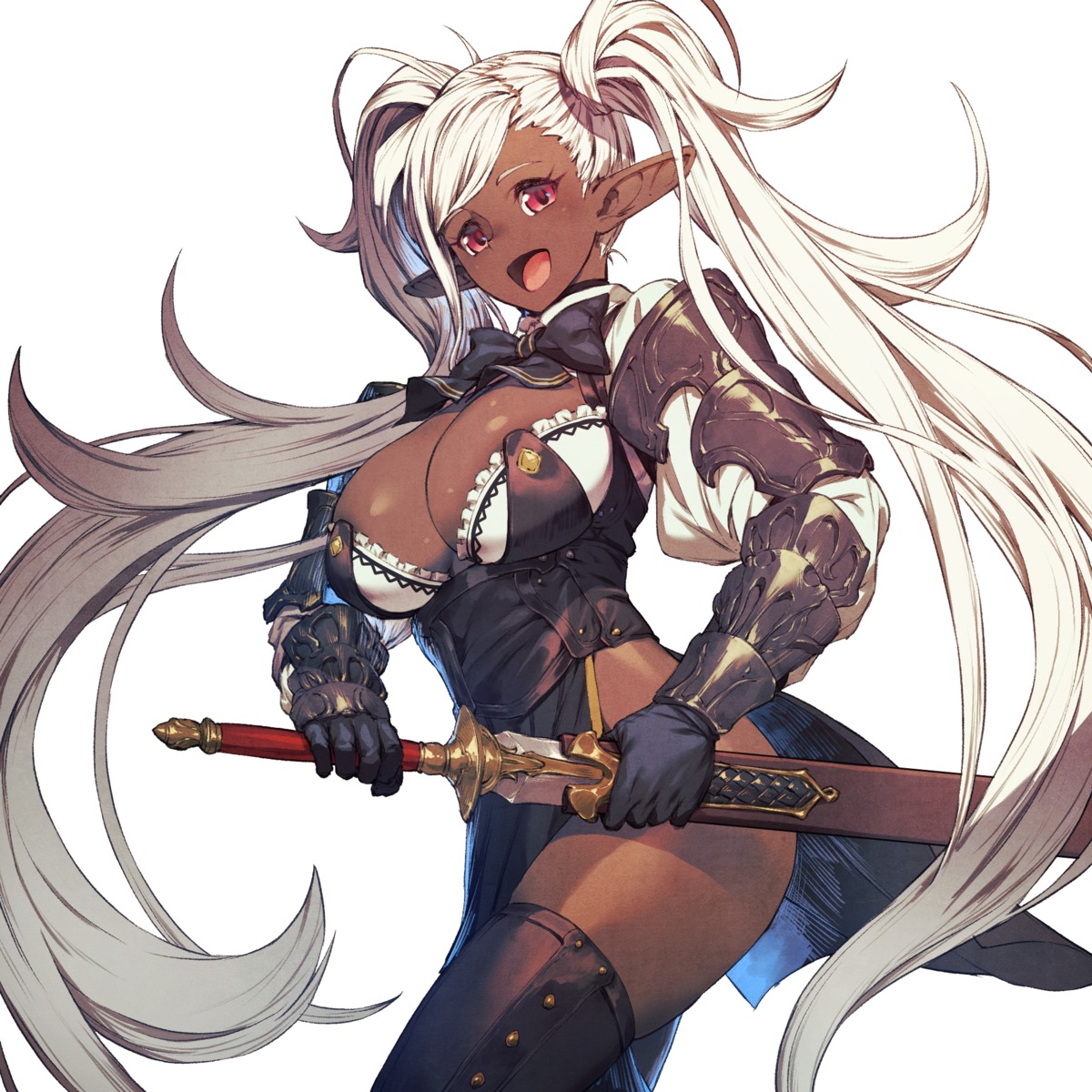 armor cozy elf pointy_ears sword thighhighs