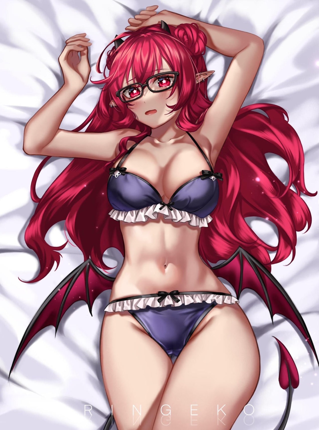 bra devil horns lingerie megane pantsu pointy_ears ringeko-chan tail wings