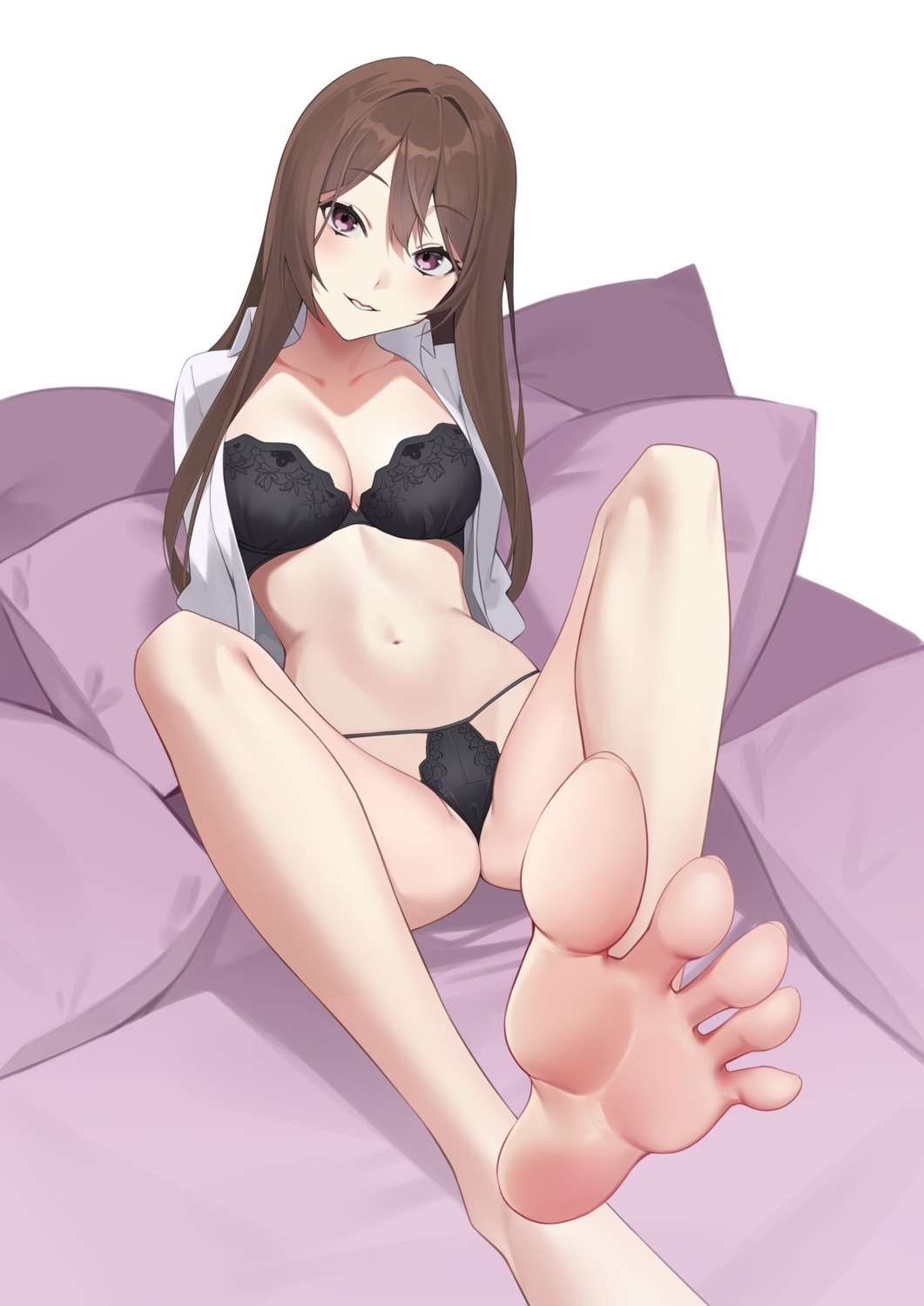 bra cameltoe dress_shirt feet kuen_(kuennn12) open_shirt pantsu