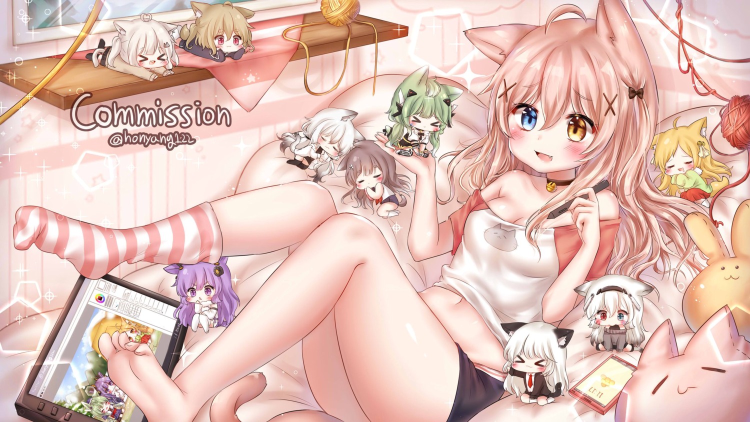 animal_ears autographed chibi cleavage feet heterochromia honyang nekomimi seifuku sweater tail thighhighs watermark