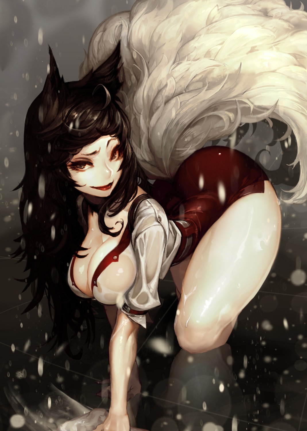 ahri animal_ears duto league_of_legends see_through tail wet wet_clothes