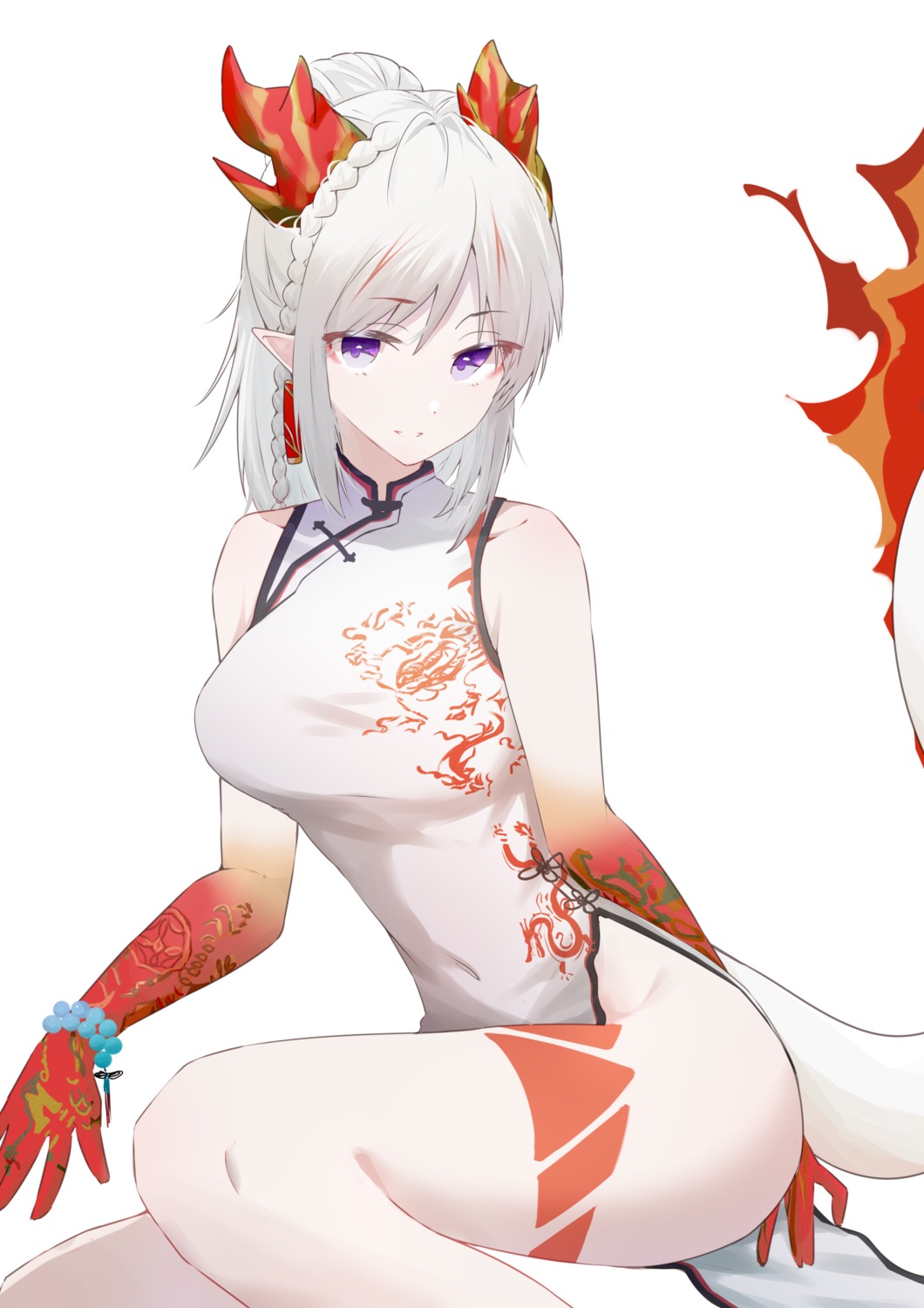 arknights chinadress horns nian_(arknights) pointy_ears red_(aba02) tail tattoo