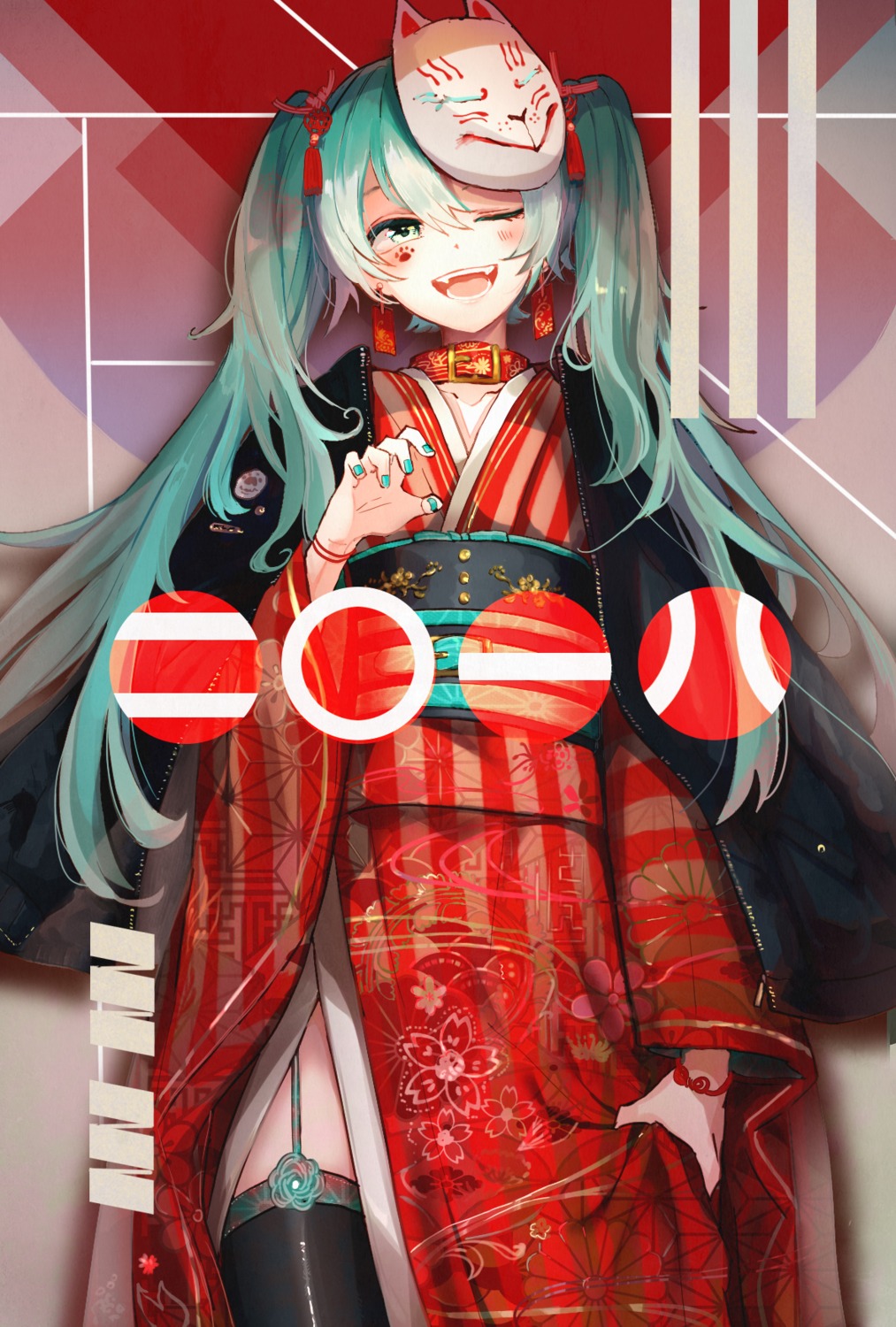 hatsune_miku kimono koniro stockings thighhighs vocaloid
