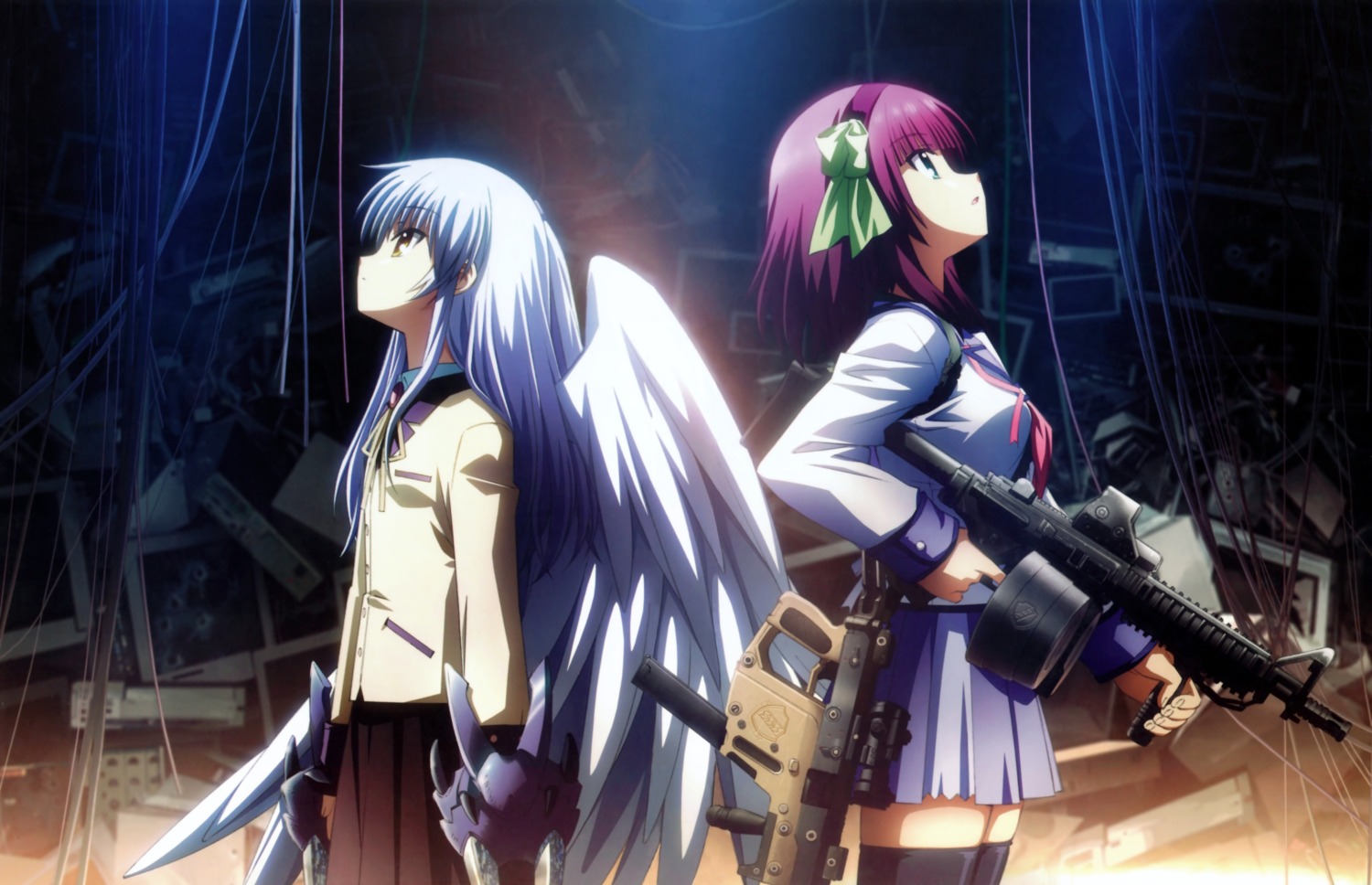 angel_beats! detexted gun hirata_katsuzou nakamura_yuri overfiltered seifuku tachibana_kanade thighhighs wings