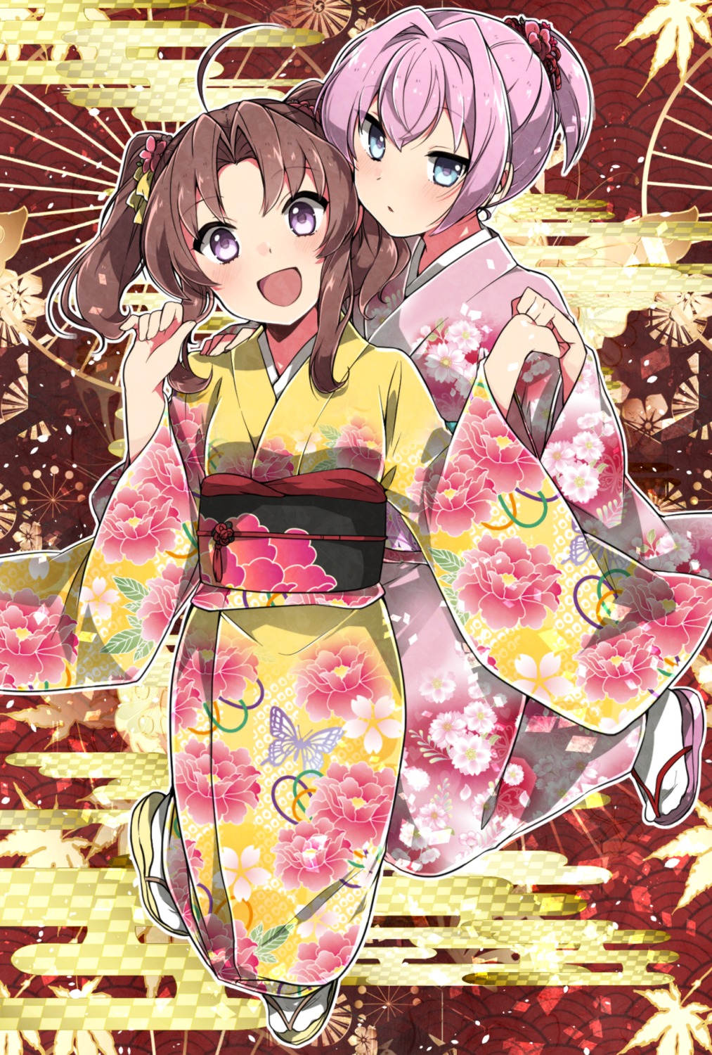 kagerou_(kancolle) kantai_collection kimono shiranui_(kancolle) takeshima_(nia)