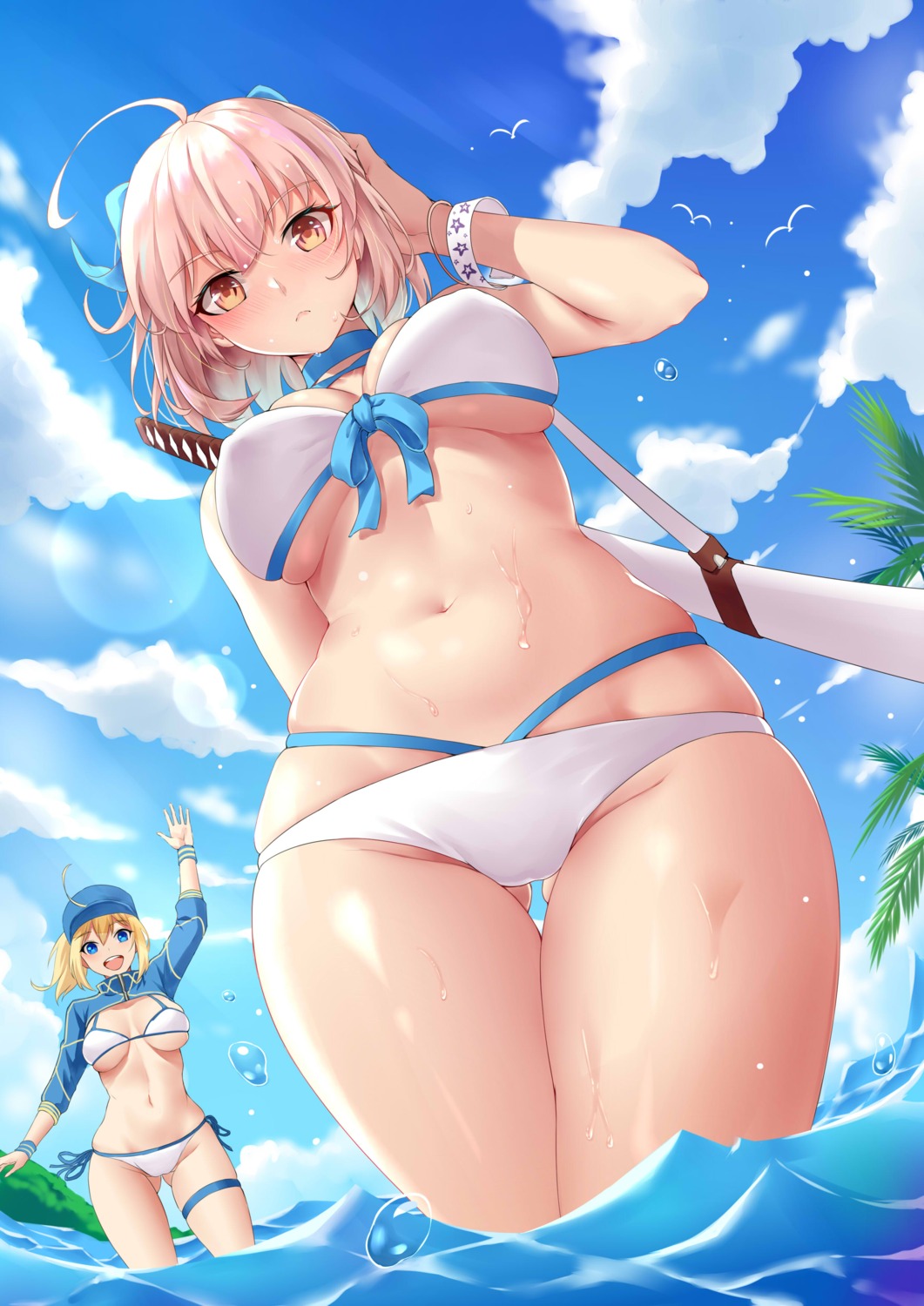 bikini chitu_hefeng_zhong fate/grand_order heroine_xx okita_souji_(fate) swimsuits underboob wet