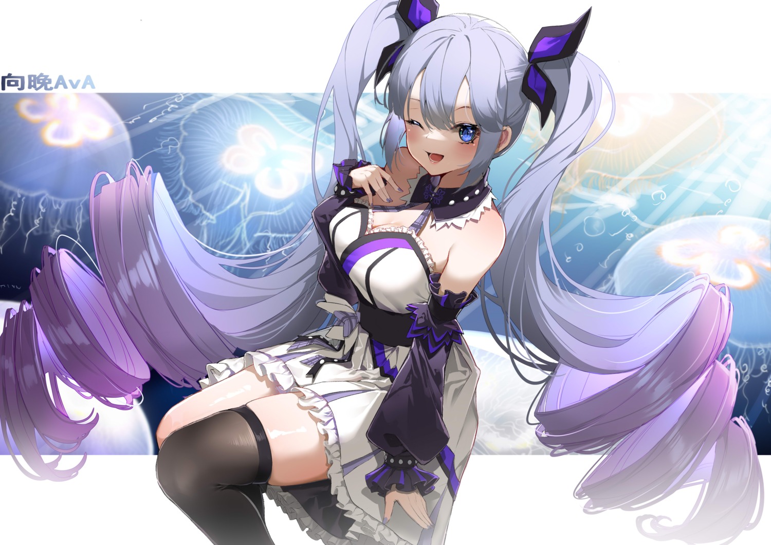 a-soul akinatsu_meguru ava_(a-soul) cleavage dress thighhighs