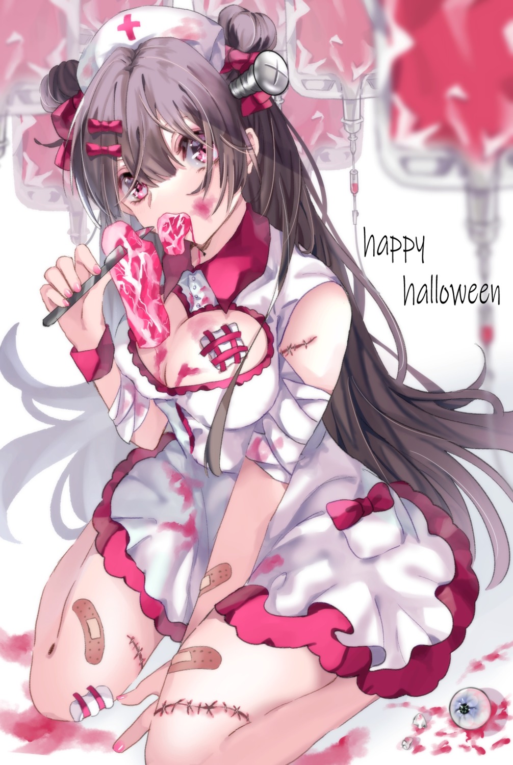 bandages bandaid blood halloween no_bra nurse tagme