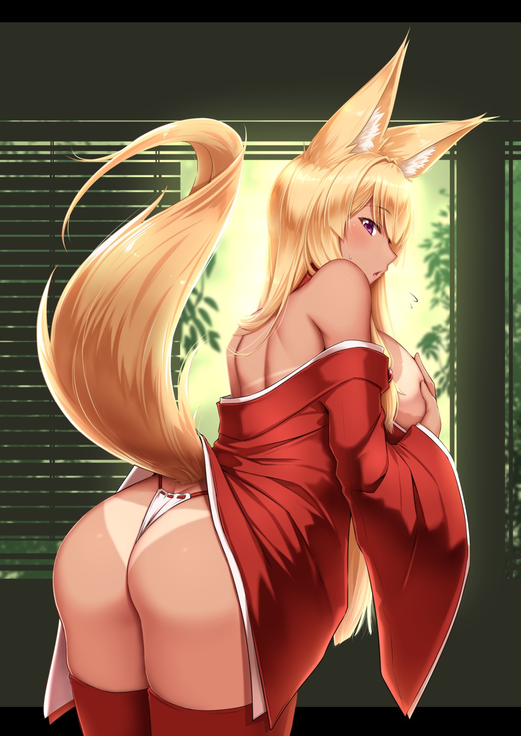 animal_ears ass breast_hold breasts japanese_clothes kitsune no_bra open_shirt pantsu shuugetsu_karasu skirt_lift tail tan_lines thighhighs thong