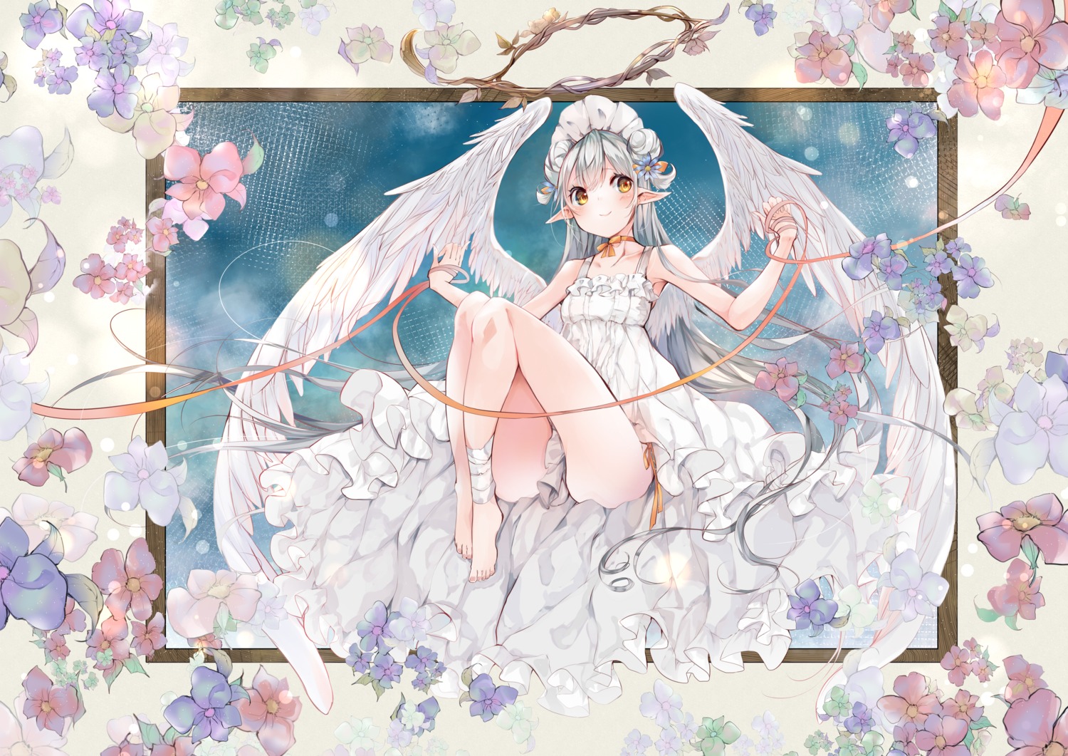 angel bandages dress feet pointy_ears skirt_lift umi_no_mizu wings