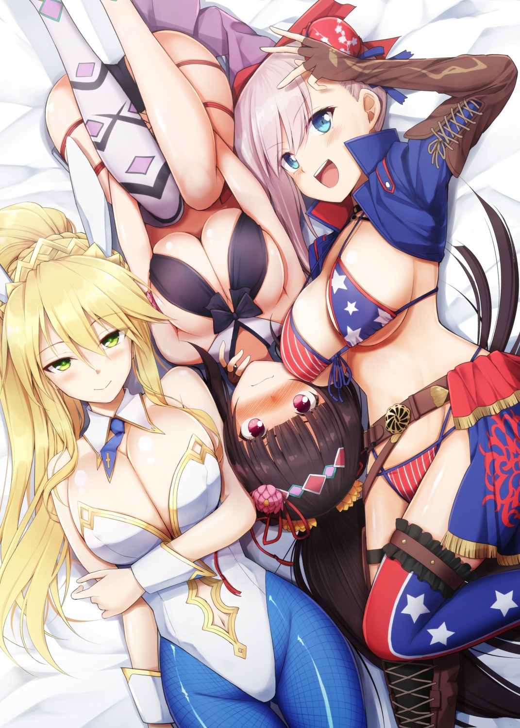 animal_ears artoria_pendragon_(lancer) bikini bunny_ears bunny_girl fate/grand_order fishnets garter kurikara miyamoto_musashi_(fate/grand_order) no_bra osakabe-hime_(fate/grand_order) pantyhose swimsuits thighhighs