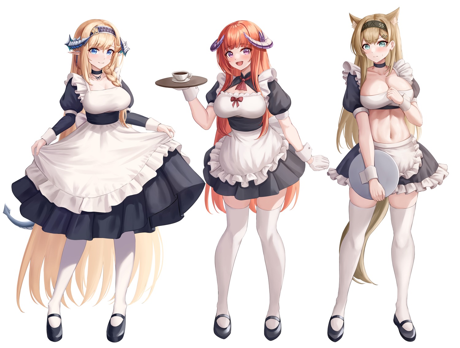 animal_ears arknights bagpipe_(arknights) daisy_cutter horn_(arknights) horns maid no_bra pantyhose saileach_(arknights) skirt_lift tail thighhighs